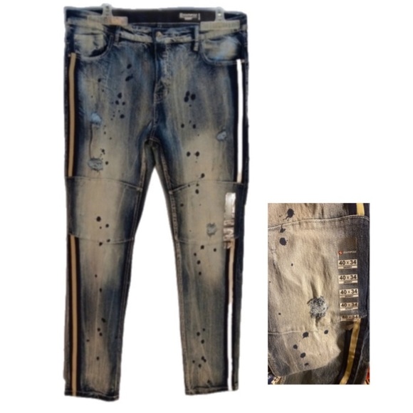 Y2K South Pole Biker Jeans Mid Rise Skinny Distressed Blue 40x34 Stripes & Paint - Picture 11 of 13